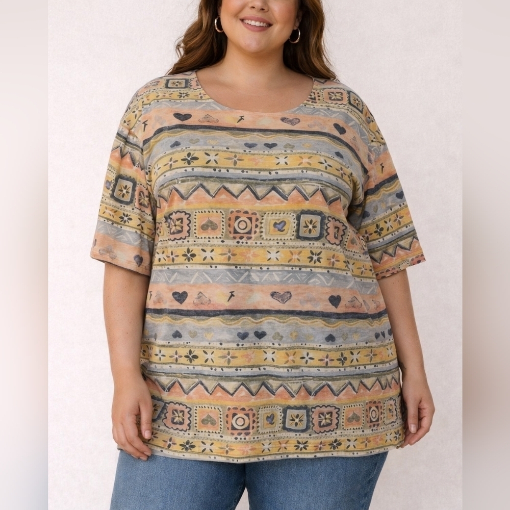 3/$30 BASIC EDITIONS Pastel Floral Heart Cottagecore Short Sleeve T-shirt 3X
